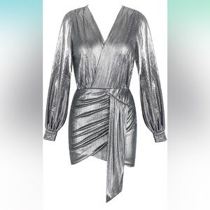 Silver Metallic Draped Front Body-con Long sleeve Mini Dress size Medium